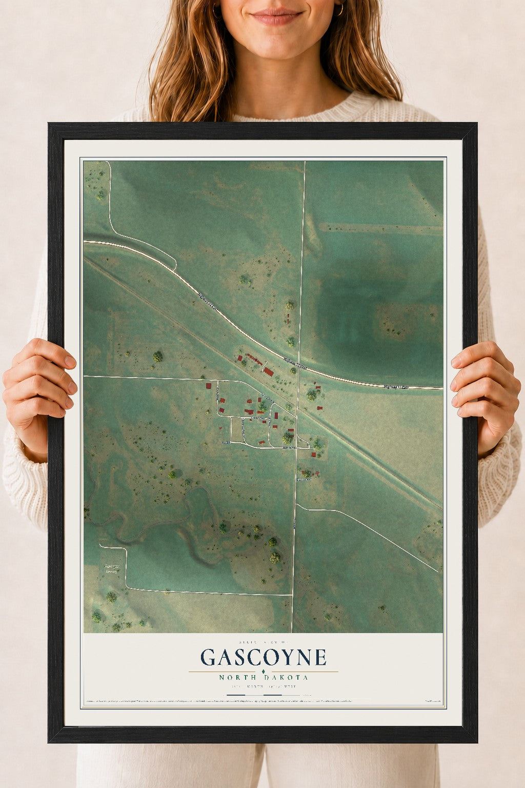 Map of Gascoyne, North Dakota, 18 x 24 inch print in a black wood frame