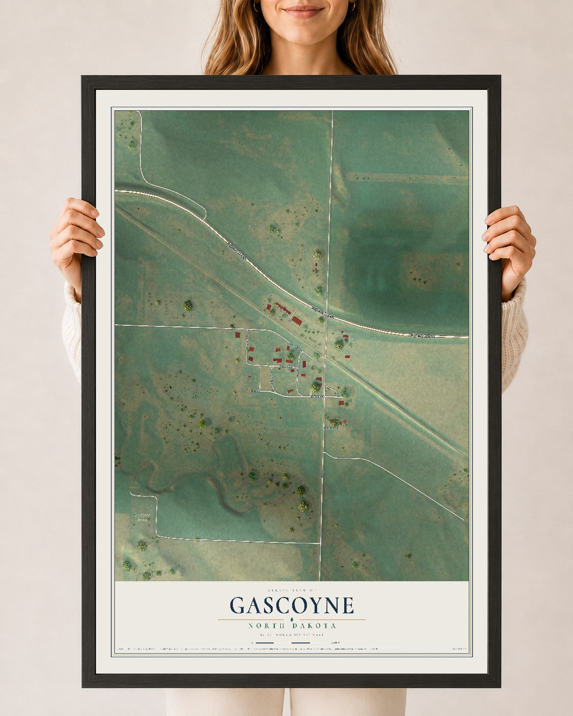 Map of Gascoyne, North Dakota, 24 x 36 inch print in a black wood frame