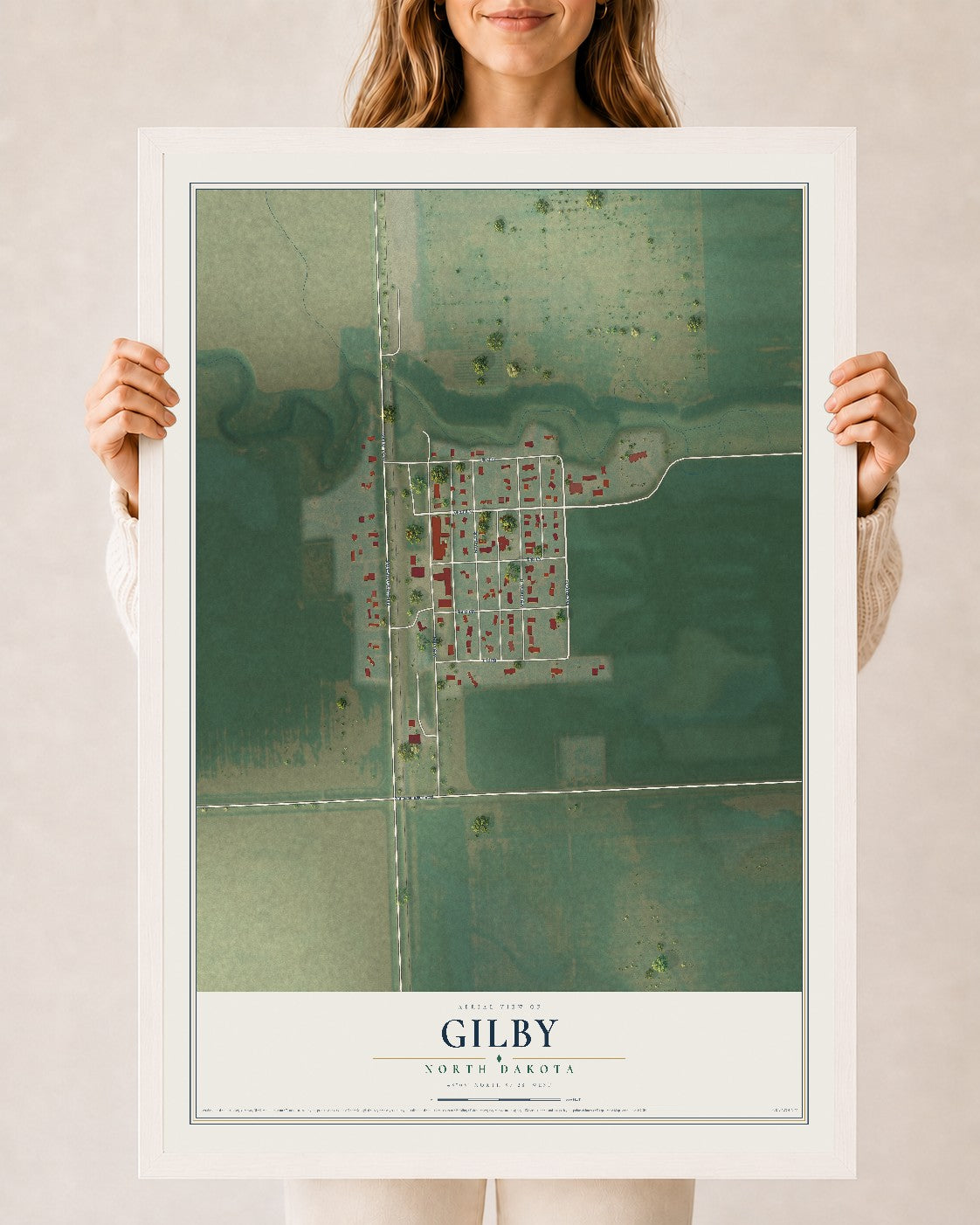 Map of Gilby, North Dakota, 24 x 36 inch print in a white wood frame