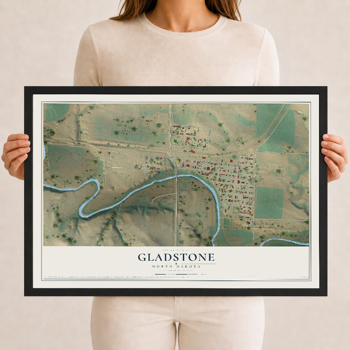 Map of Gladstone, North Dakota, 12 x 18 inch print in a black wood frame