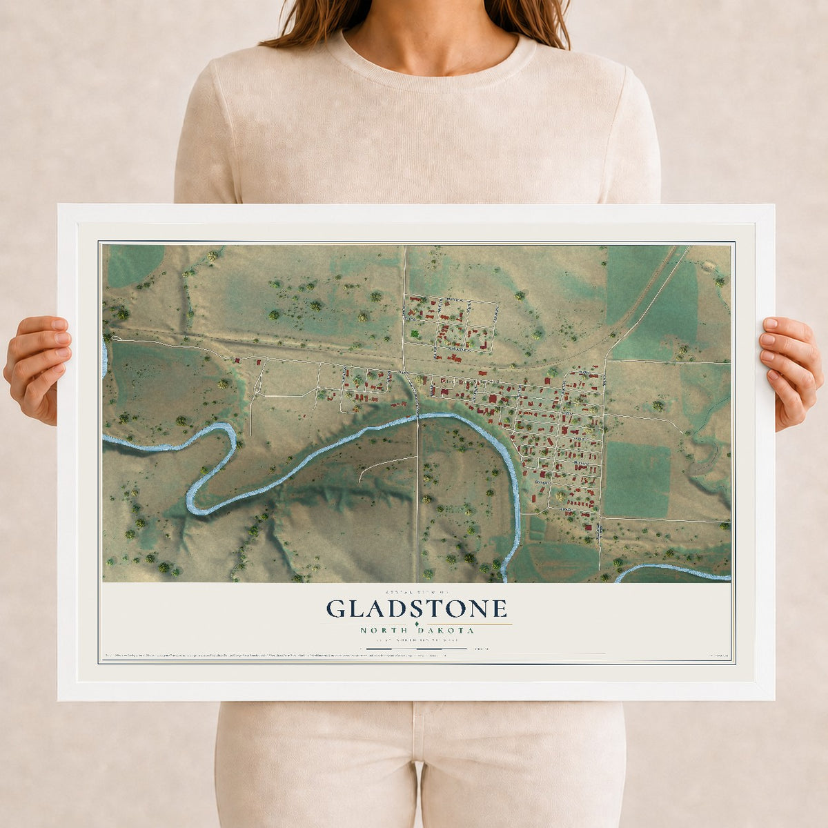 Map of Gladstone, North Dakota, 12 x 18 inch print in a white wood frame
