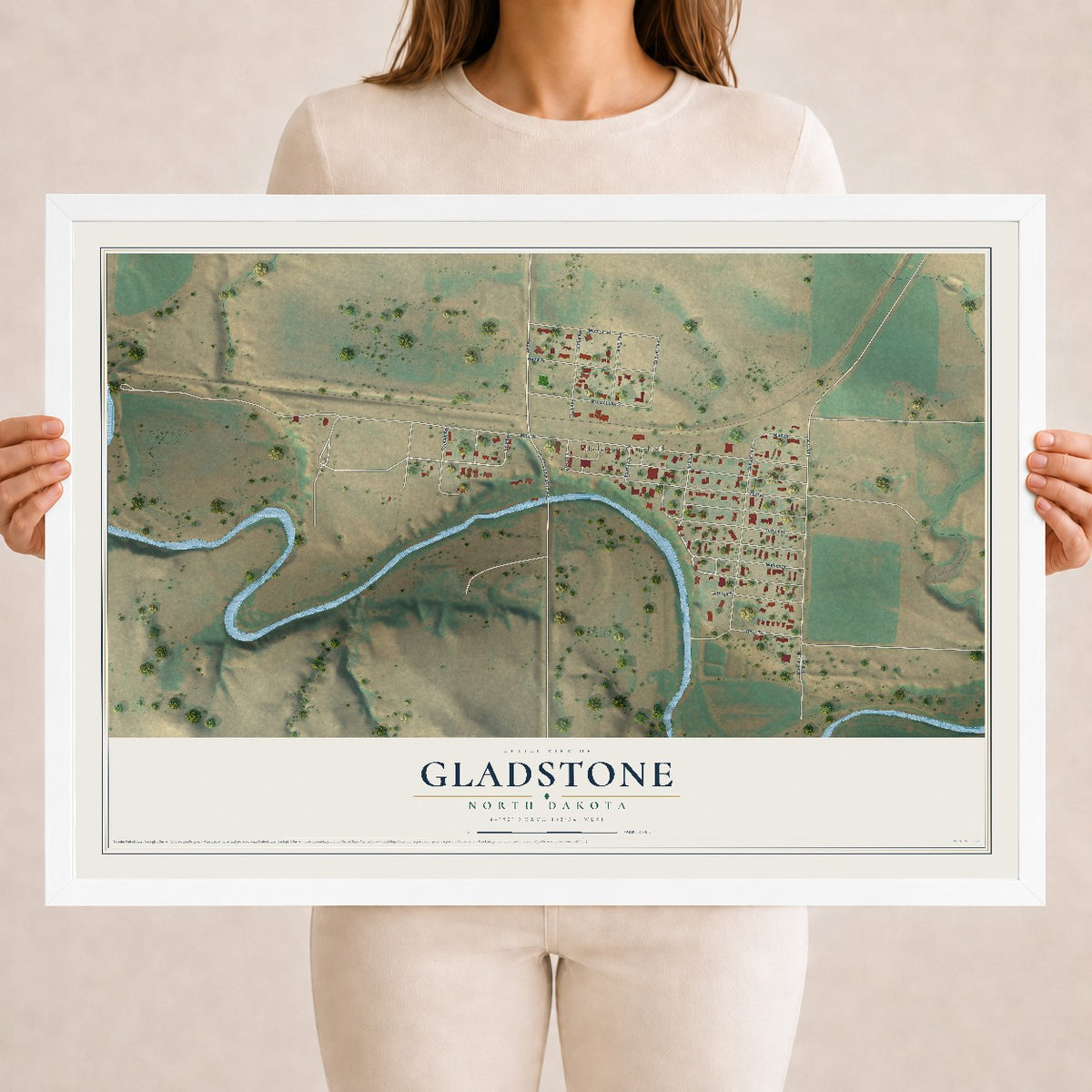 Map of Gladstone, North Dakota, 18 x 24 inch print in a white wood frame