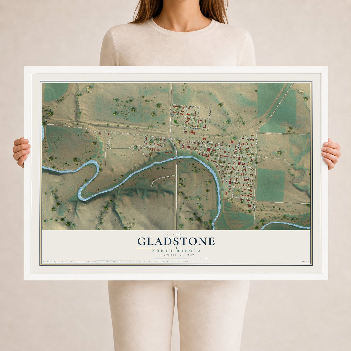 Map of Gladstone, North Dakota, 24 x 36 inch print in a white wood frame