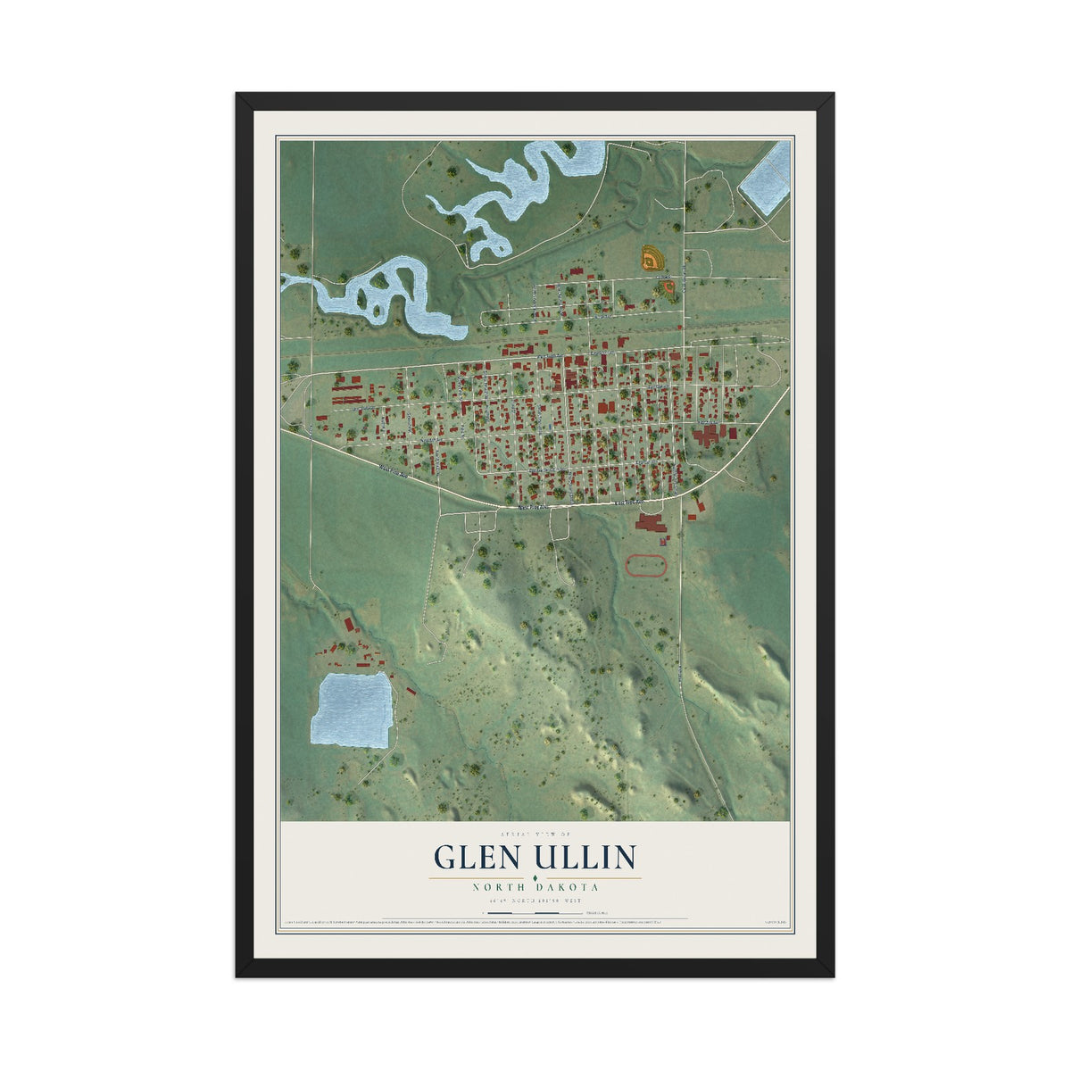 Map of Glen Ullin, North Dakota, 12 x 18 inch print in a black wood frame