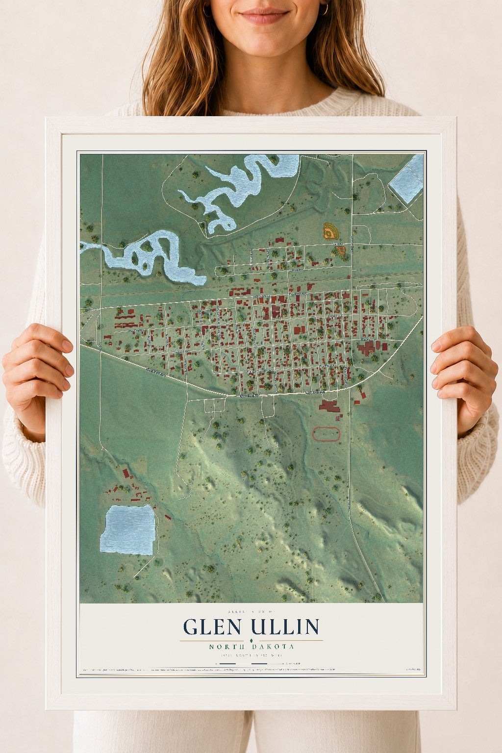 Map of Glen Ullin, North Dakota, 18 x 24 inch print in a white wood frame