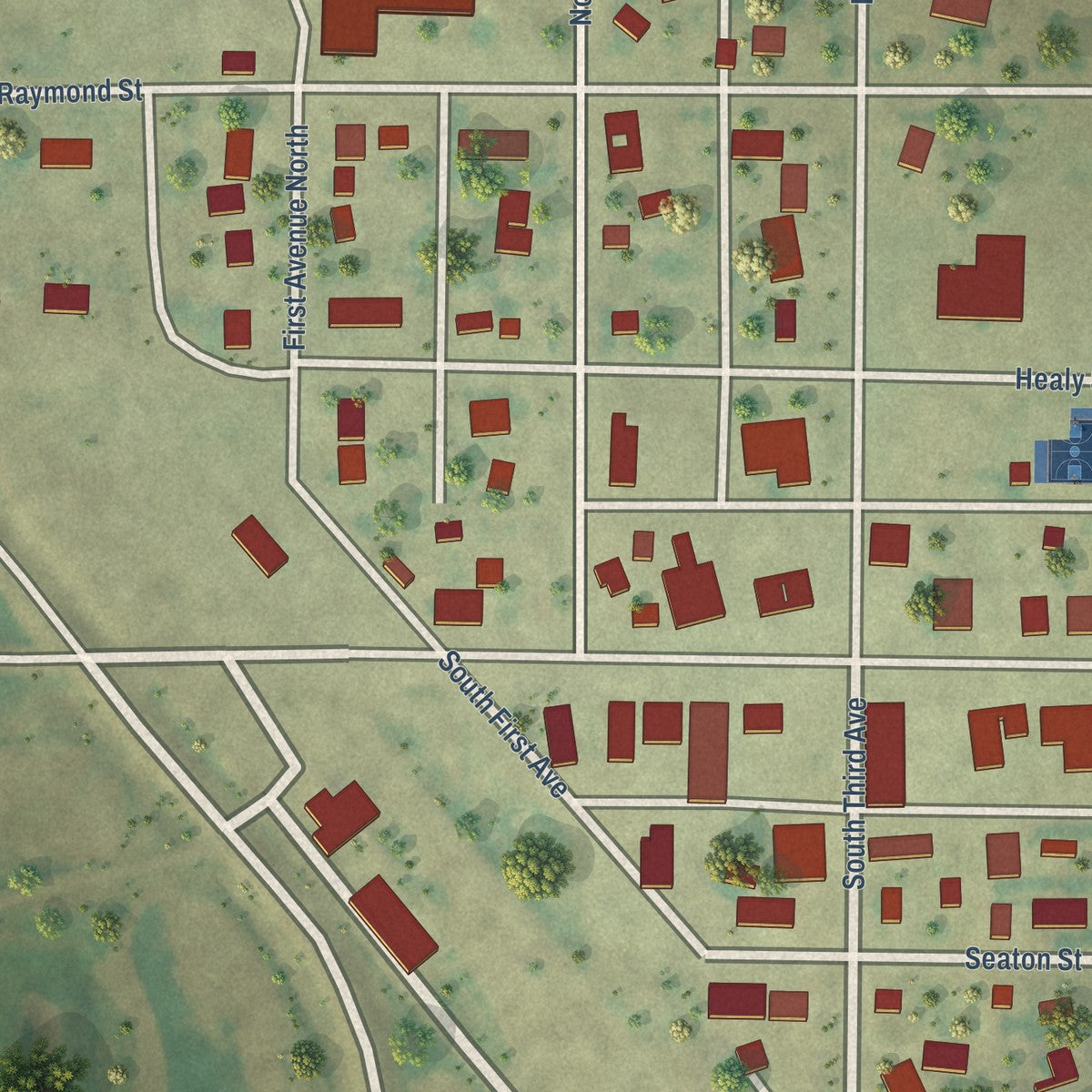 Close-up of the map of Glenburn, North Dakota print showing street and building detail