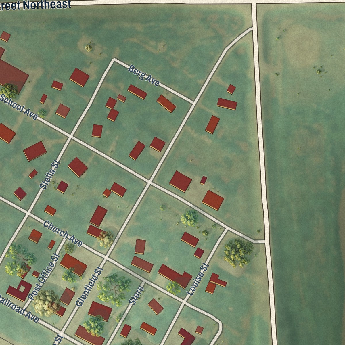 Close-up of the map of Glenfield, North Dakota print showing street and building detail