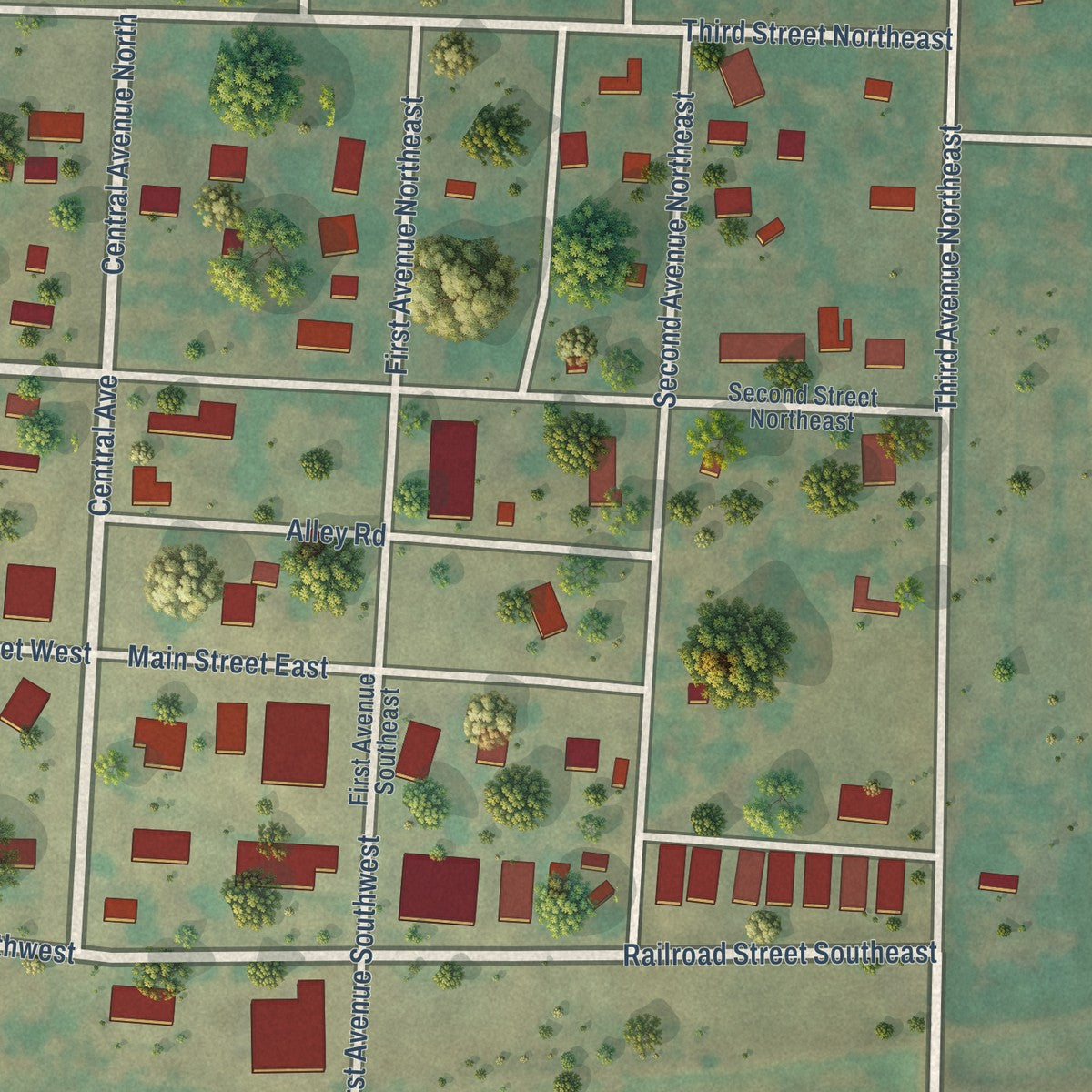 Close-up of the map of Golden Valley, North Dakota print showing street and building detail