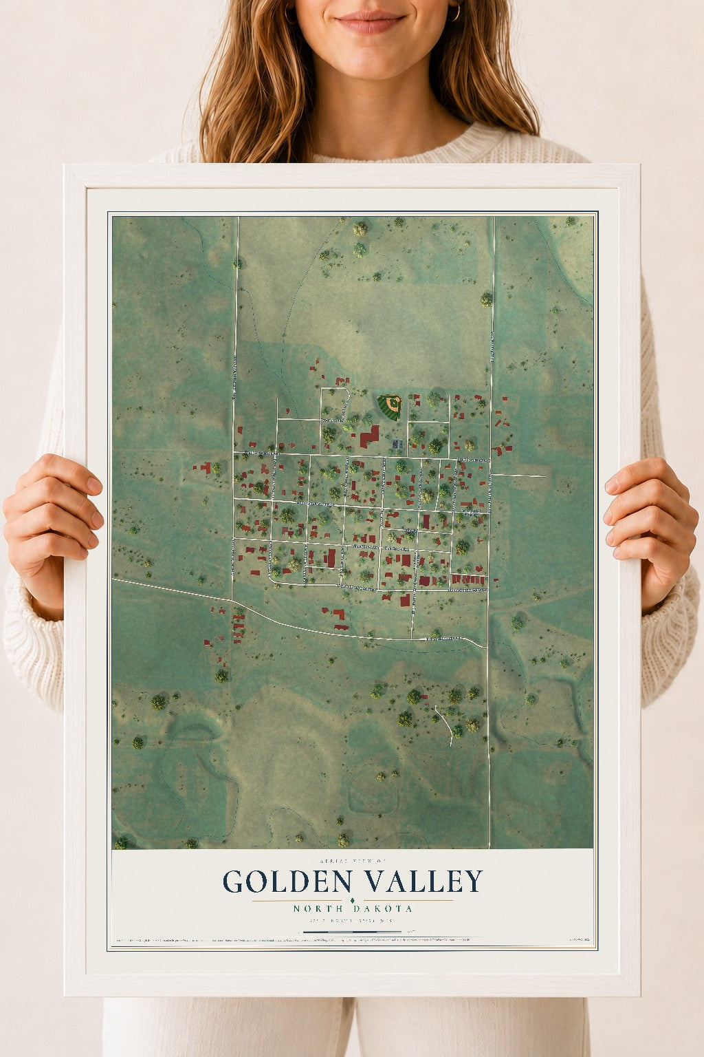 Map of Golden Valley, North Dakota, 18 x 24 inch print in a white wood frame