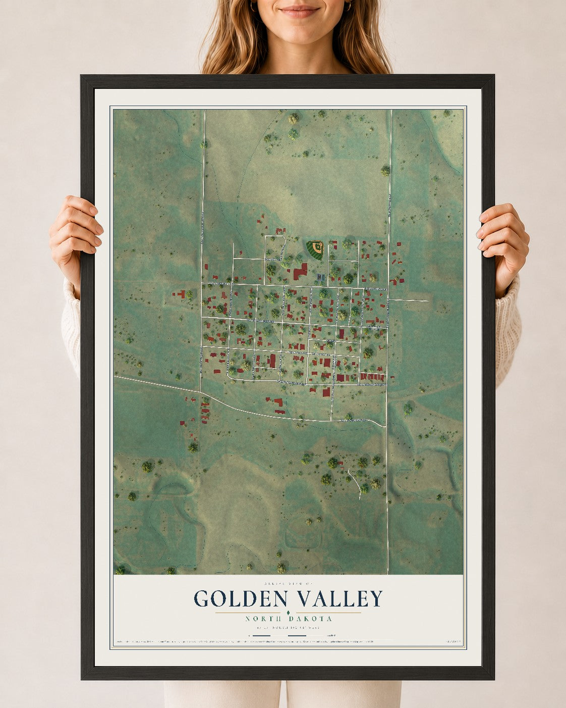 Map of Golden Valley, North Dakota, 24 x 36 inch print in a black wood frame