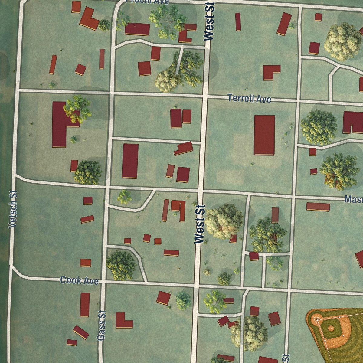 Close-up of the map of Golva, North Dakota print showing street and building detail