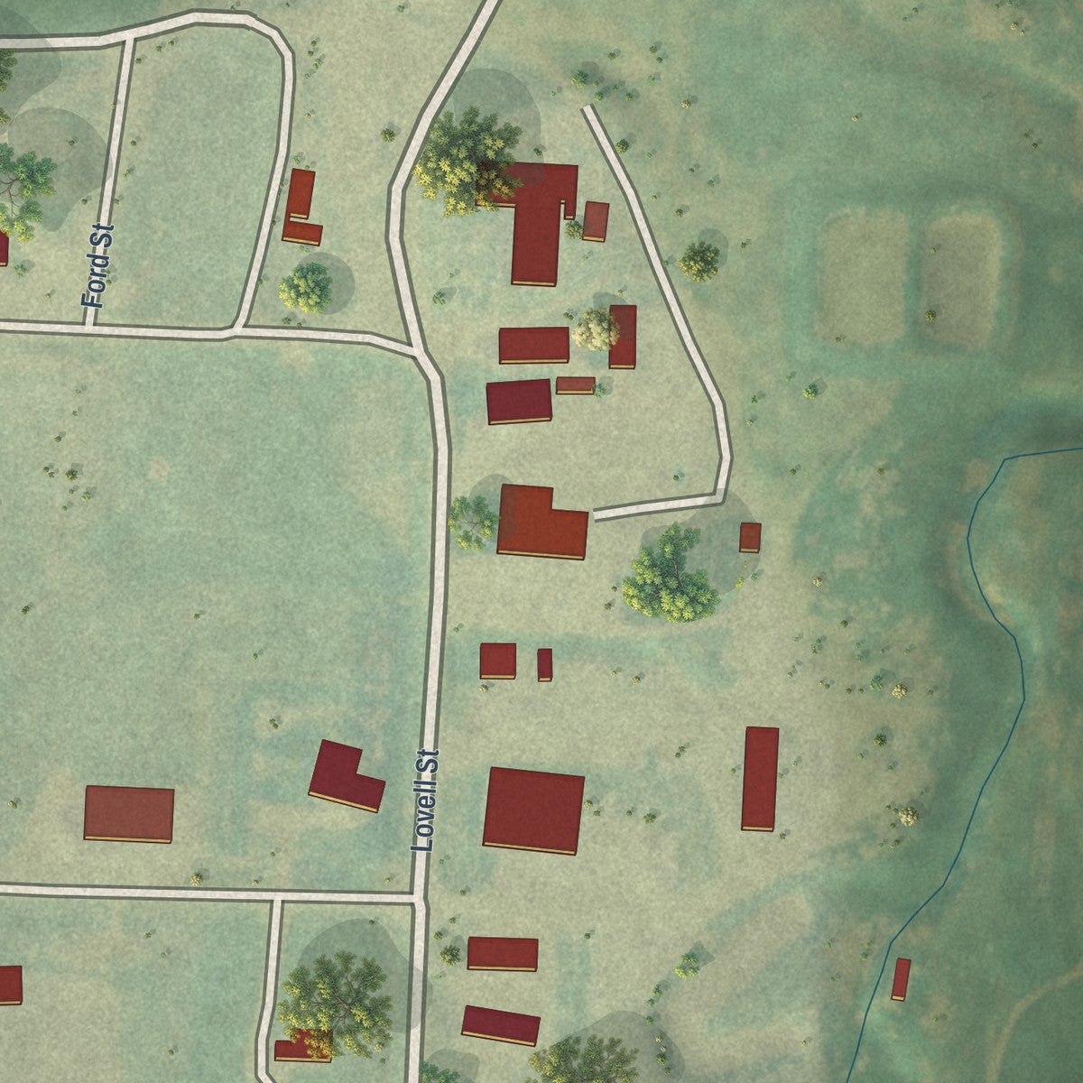 Second close-up of the map of Golva, North Dakota print showing more streets and buildings