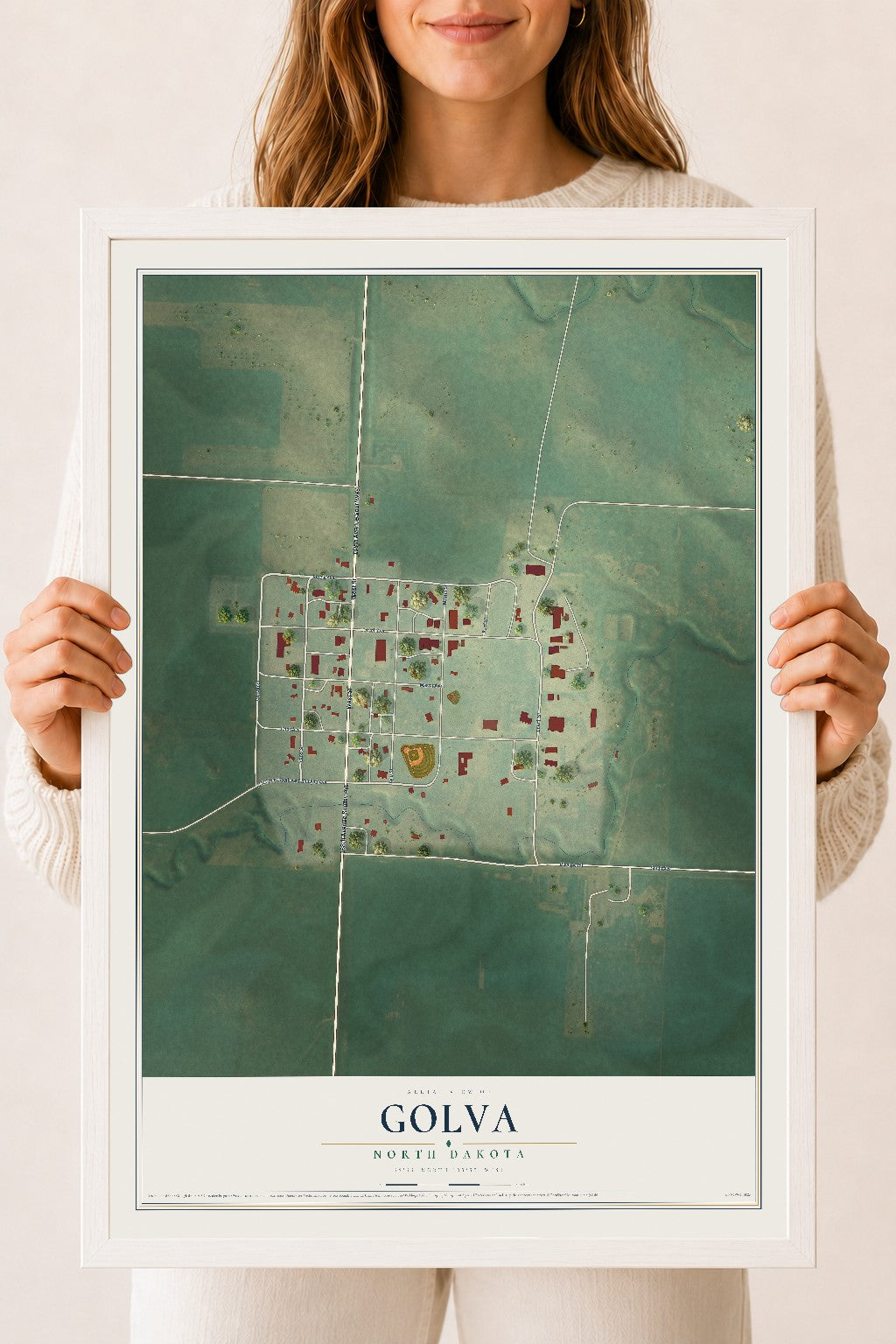 Map of Golva, North Dakota, 18 x 24 inch print in a white wood frame