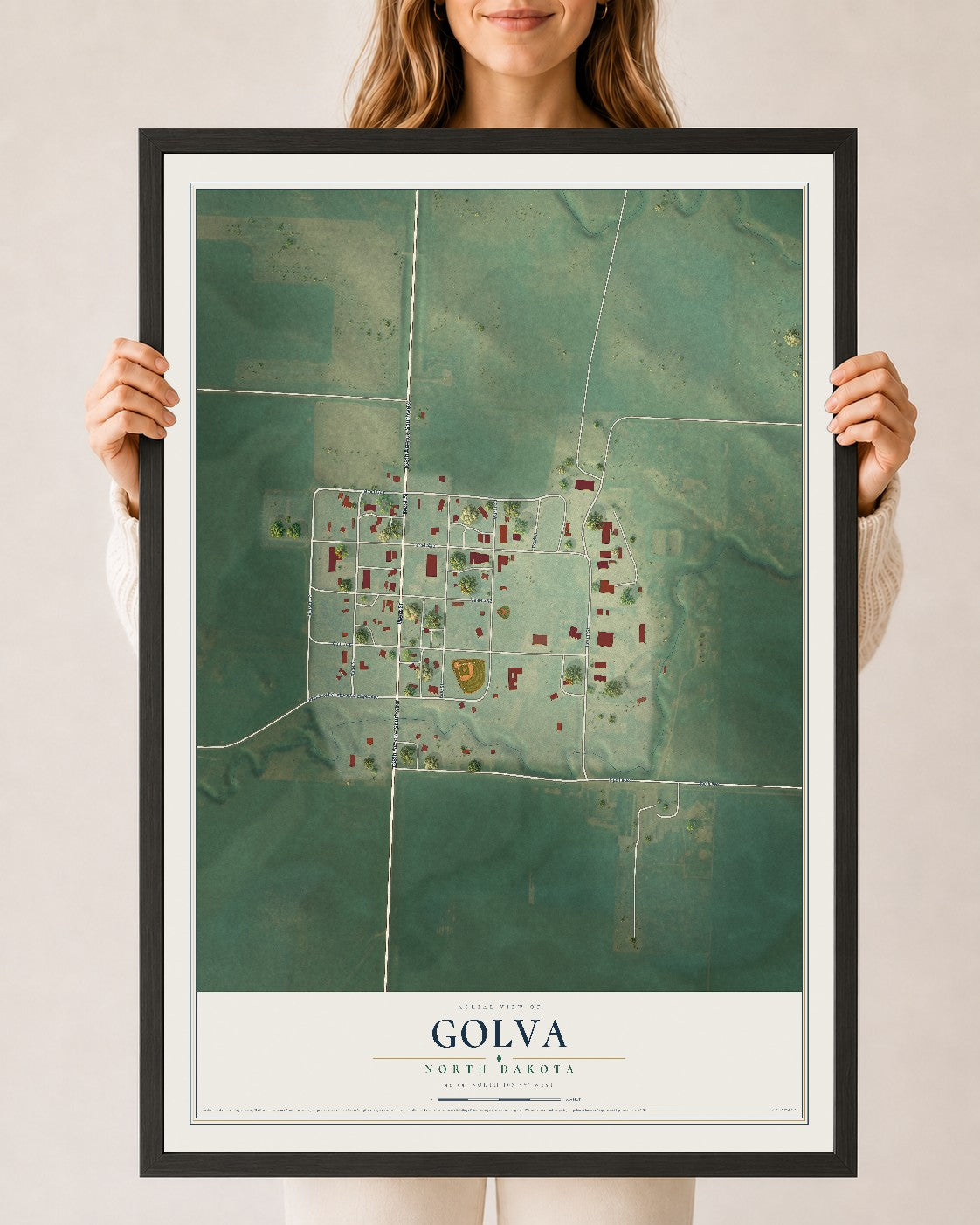 Map of Golva, North Dakota, 24 x 36 inch print in a black wood frame