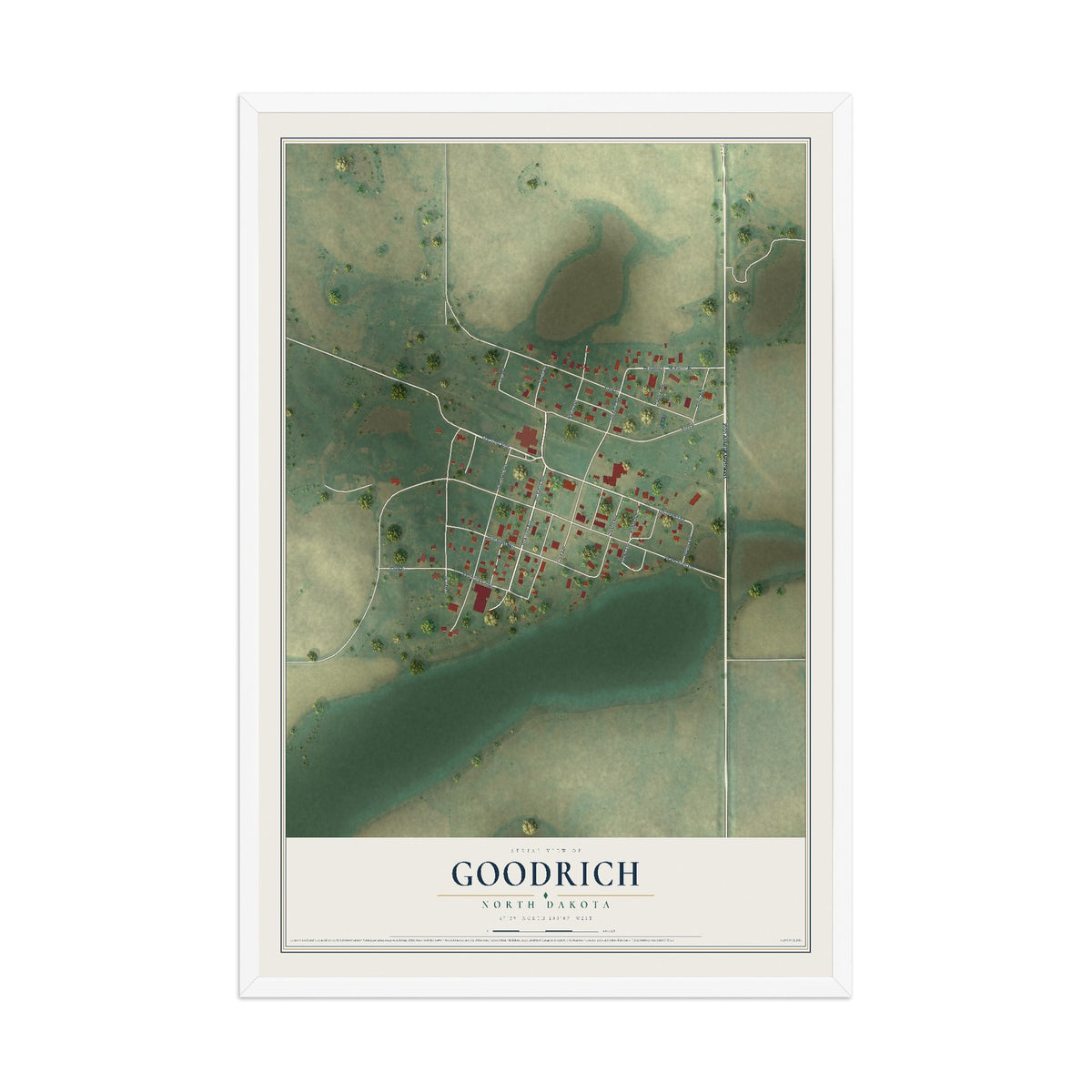 Map of Goodrich, North Dakota, 12 x 18 inch print in a white wood frame