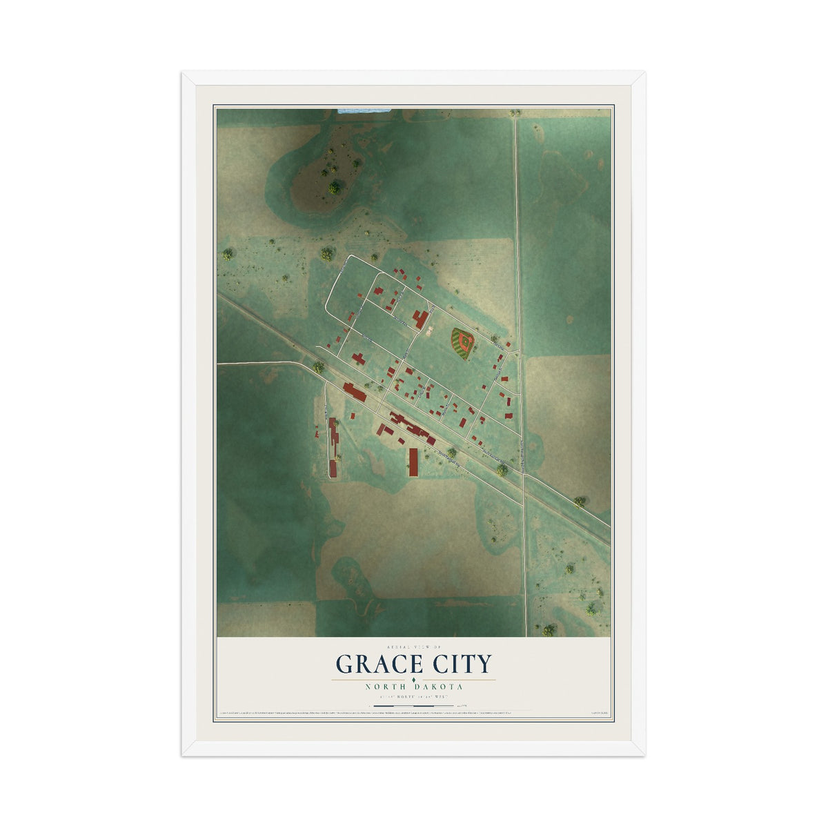 Map of Grace City, North Dakota, 12 x 18 inch print in a white wood frame