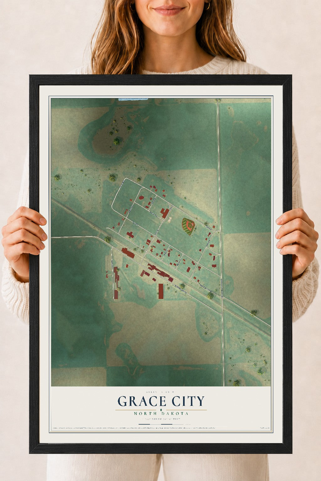Map of Grace City, North Dakota, 18 x 24 inch print in a black wood frame