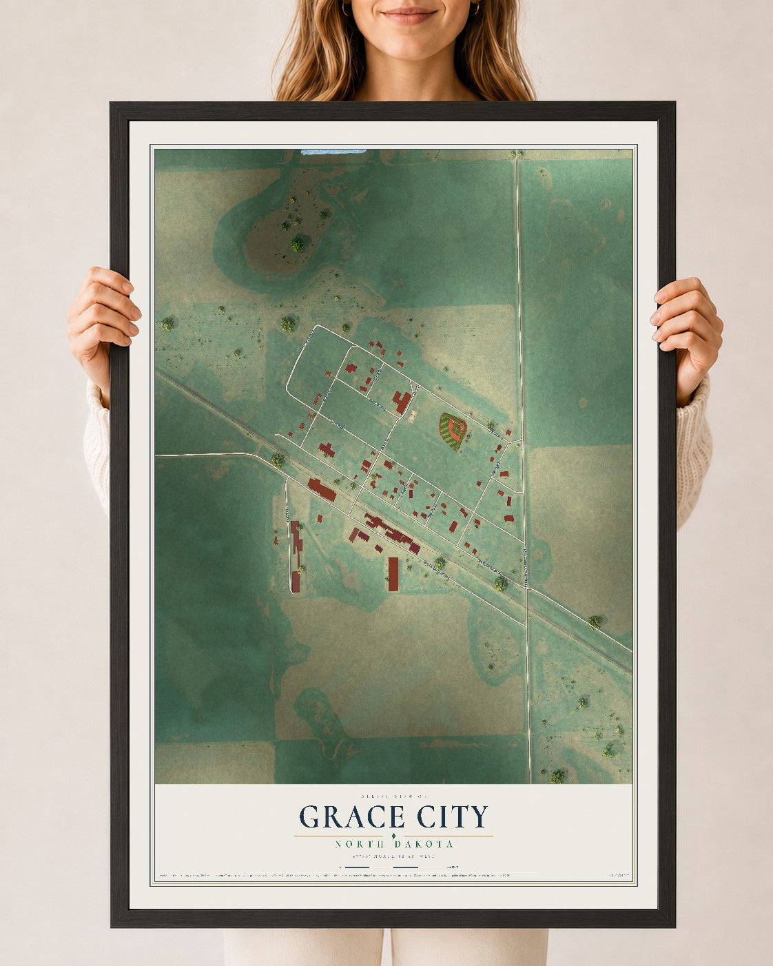 Map of Grace City, North Dakota, 24 x 36 inch print in a black wood frame