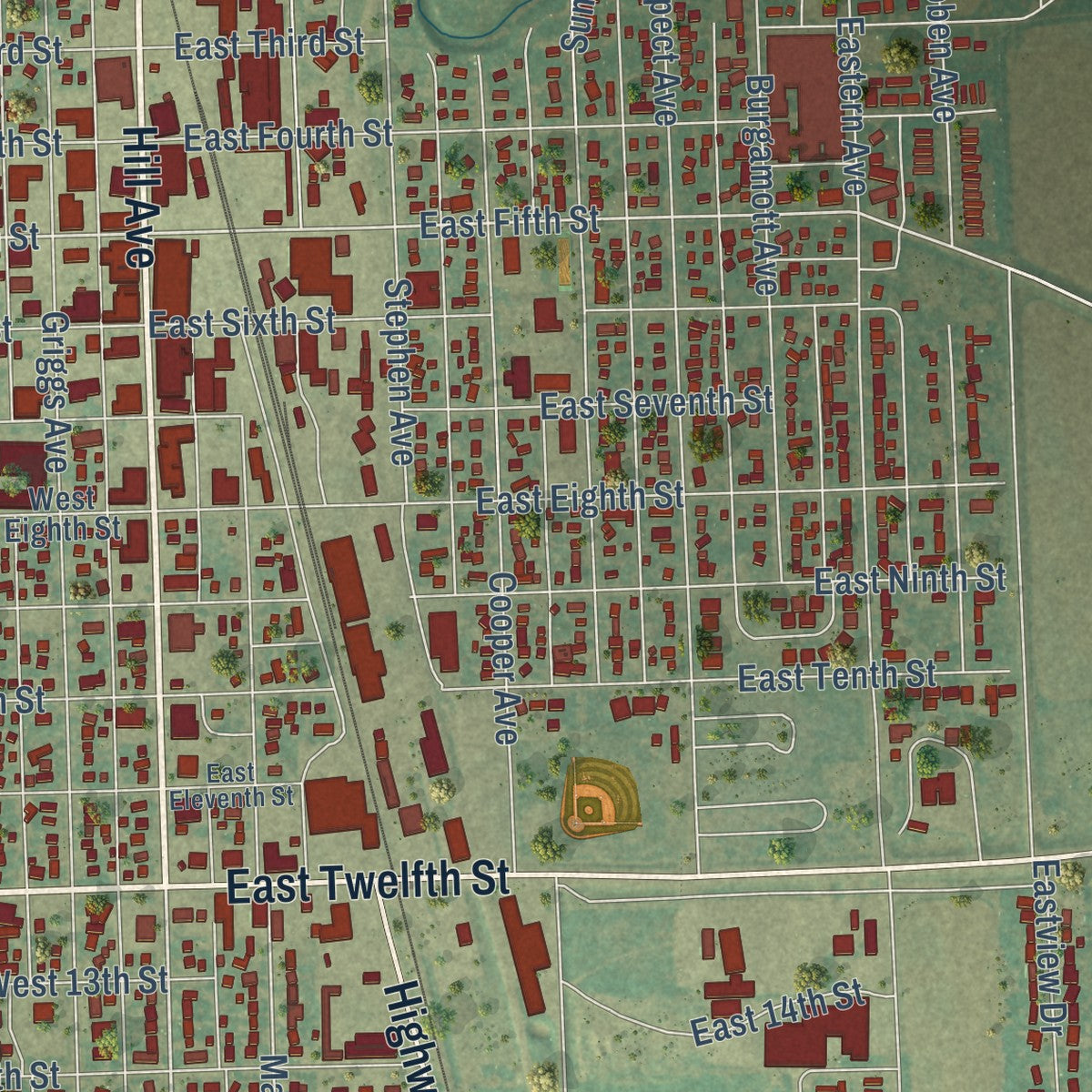 Close-up of the map of Grafton, North Dakota print showing street and building detail
