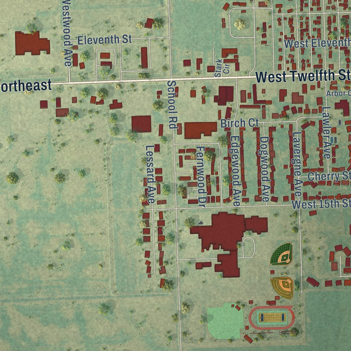 Second close-up of the map of Grafton, North Dakota print showing more streets and buildings