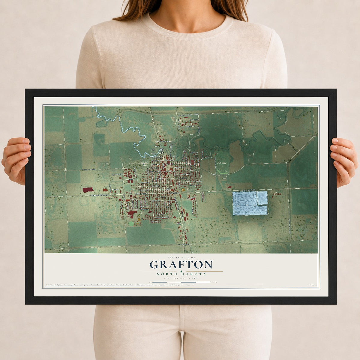 Map of Grafton, North Dakota, 12 x 18 inch print in a black wood frame