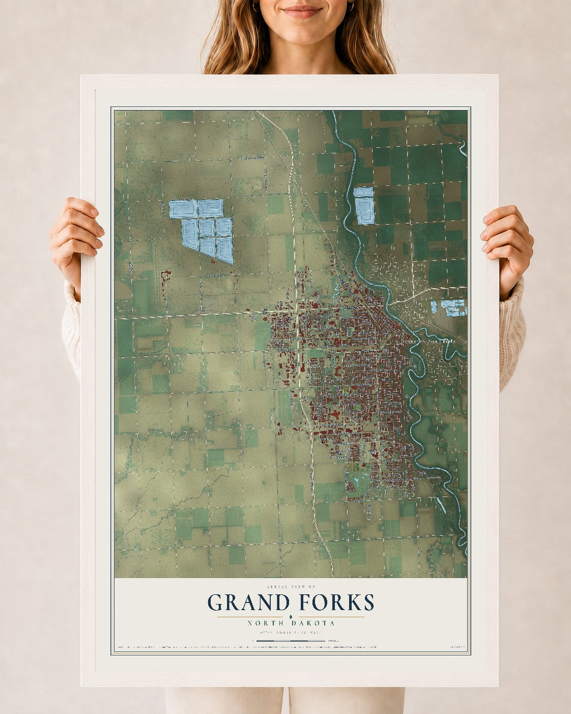 Map of Grand Forks, North Dakota, 24 x 36 inch print in a white wood frame