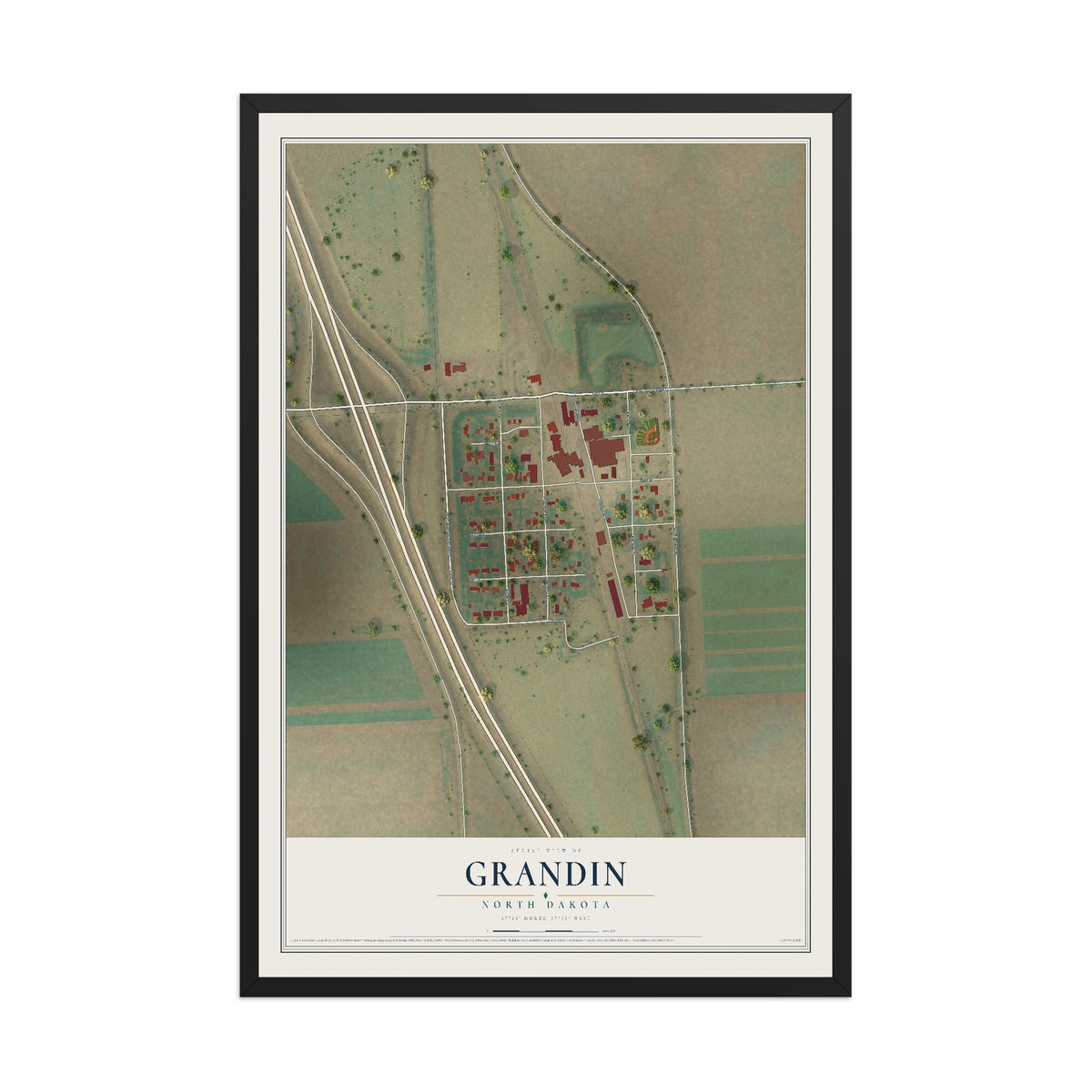 Map of Grandin, North Dakota, 12 x 18 inch print in a black wood frame