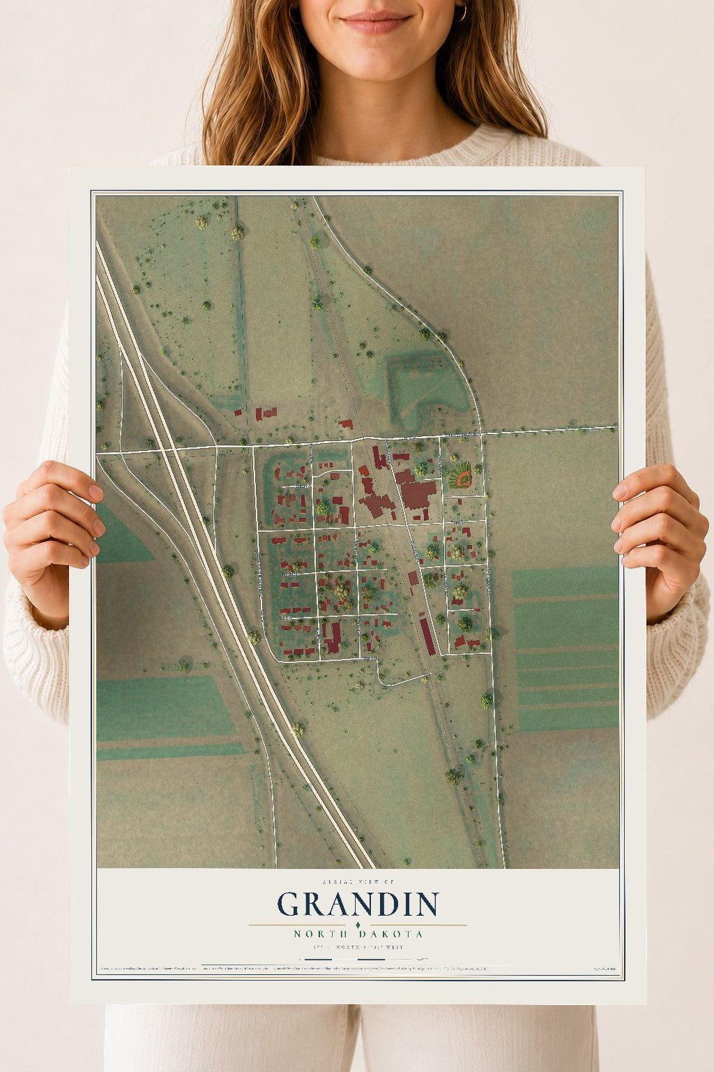 Map of Grandin, North Dakota, 18 x 24 inch unframed archival matte print