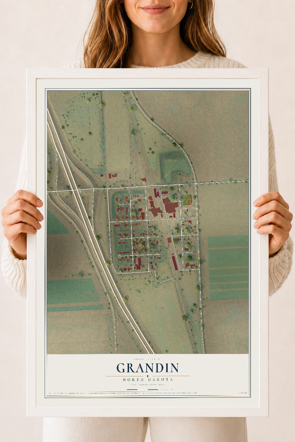 Map of Grandin, North Dakota, 18 x 24 inch print in a white wood frame