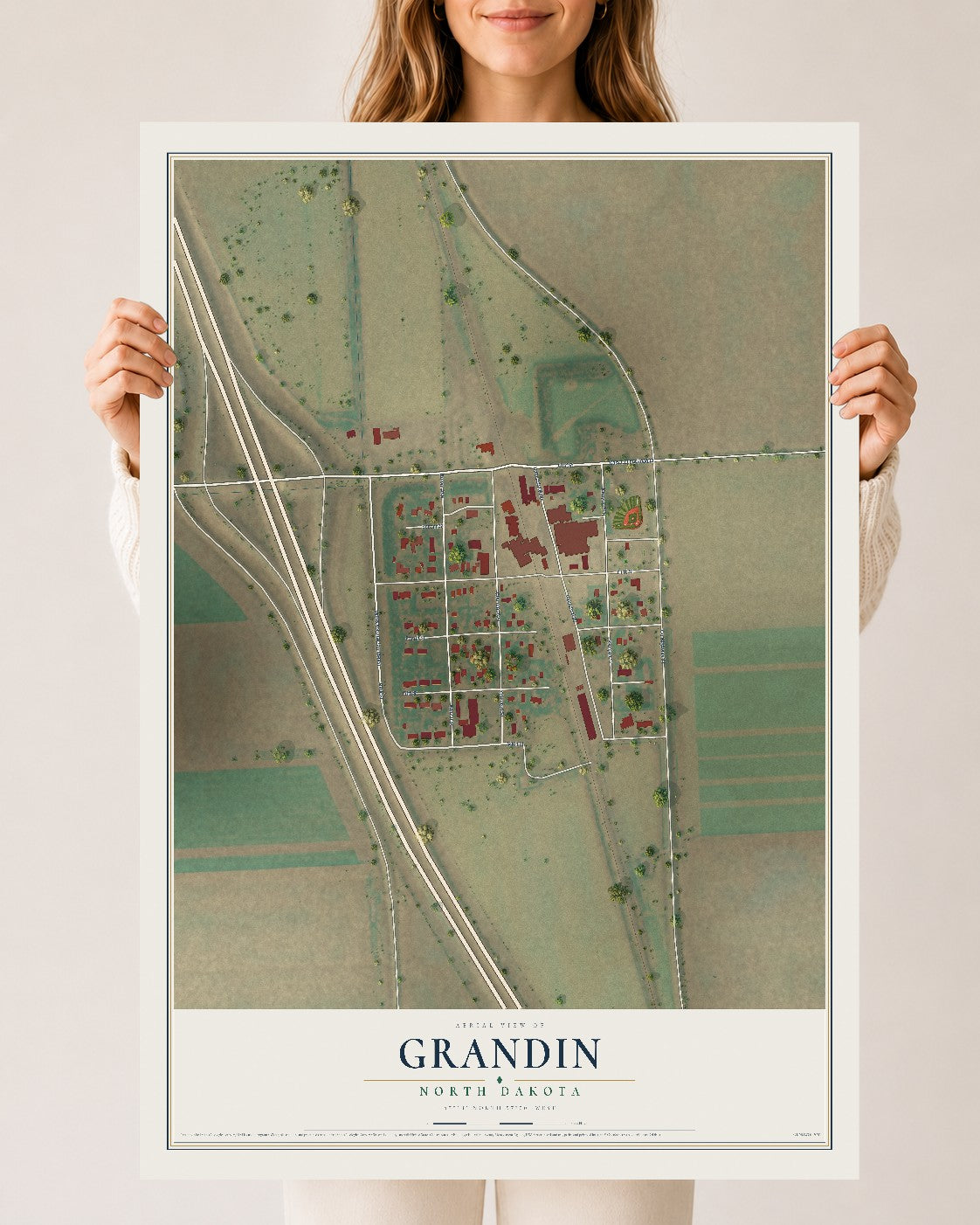 Map of Grandin, North Dakota, 24 x 36 inch unframed archival matte print