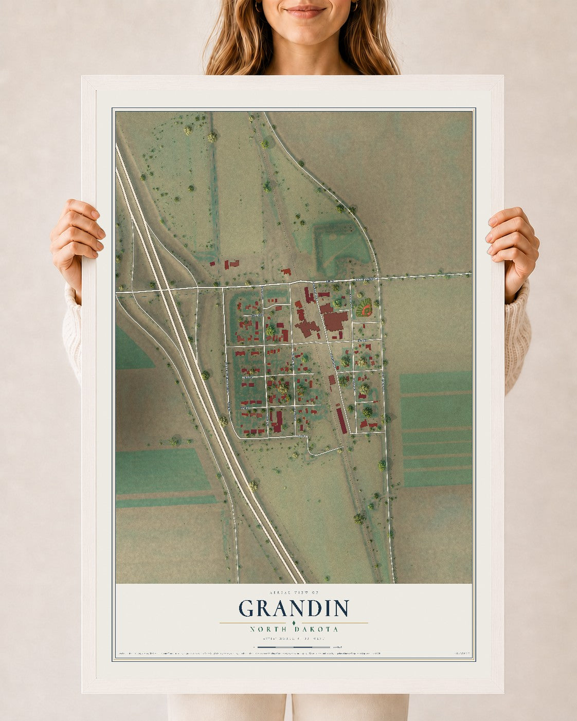 Map of Grandin, North Dakota, 24 x 36 inch print in a white wood frame
