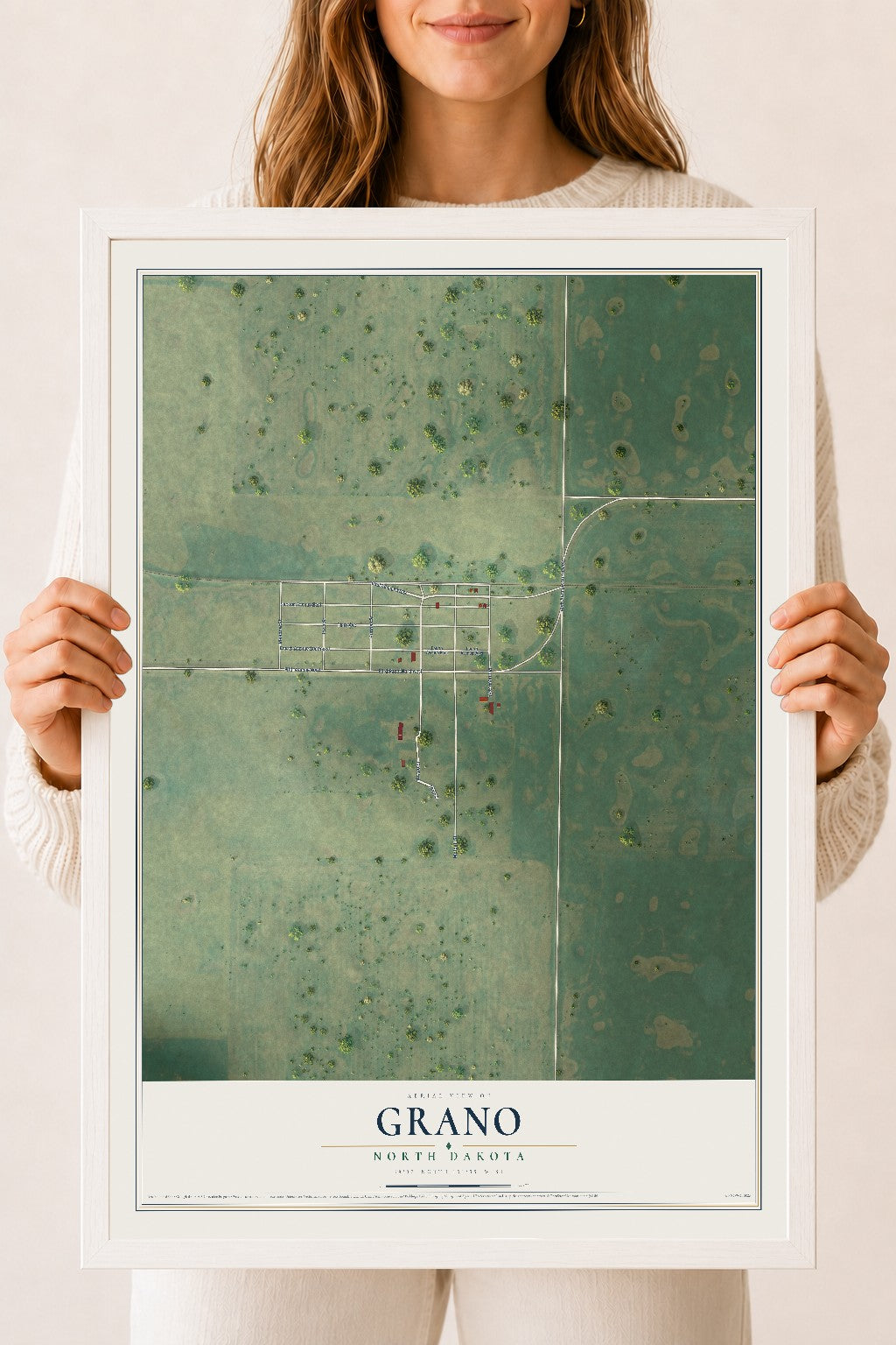 Map of Grano, North Dakota, 18 x 24 inch print in a white wood frame