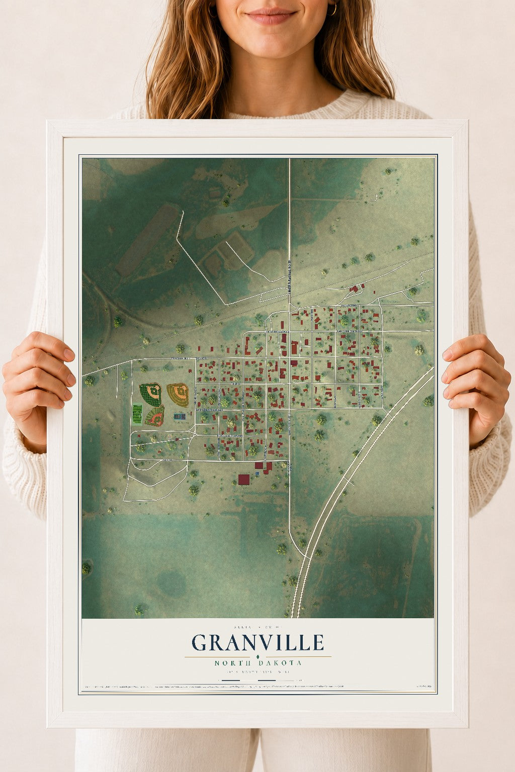 Map of Granville, North Dakota, 18 x 24 inch print in a white wood frame