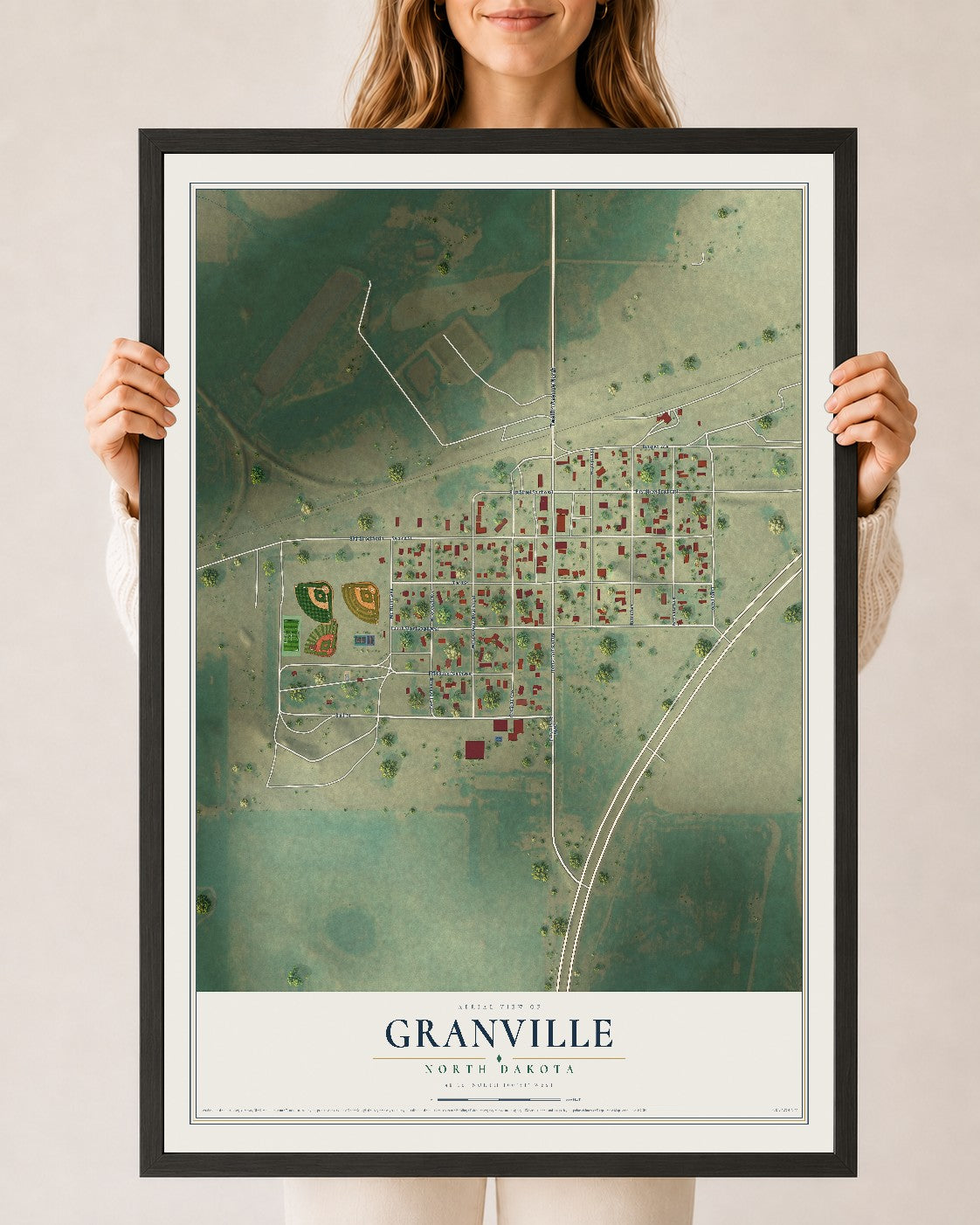 Map of Granville, North Dakota, 24 x 36 inch print in a black wood frame