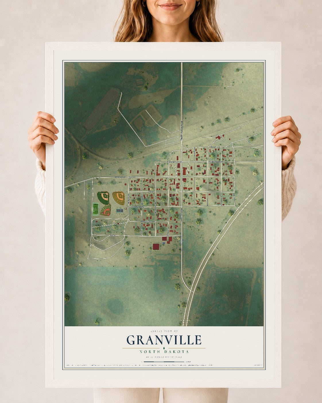Map of Granville, North Dakota, 24 x 36 inch print in a white wood frame
