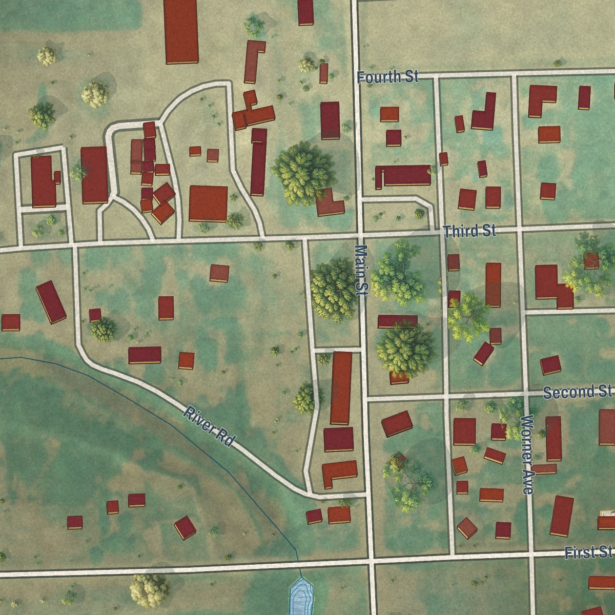Close-up of the map of Great Bend, North Dakota print showing street and building detail