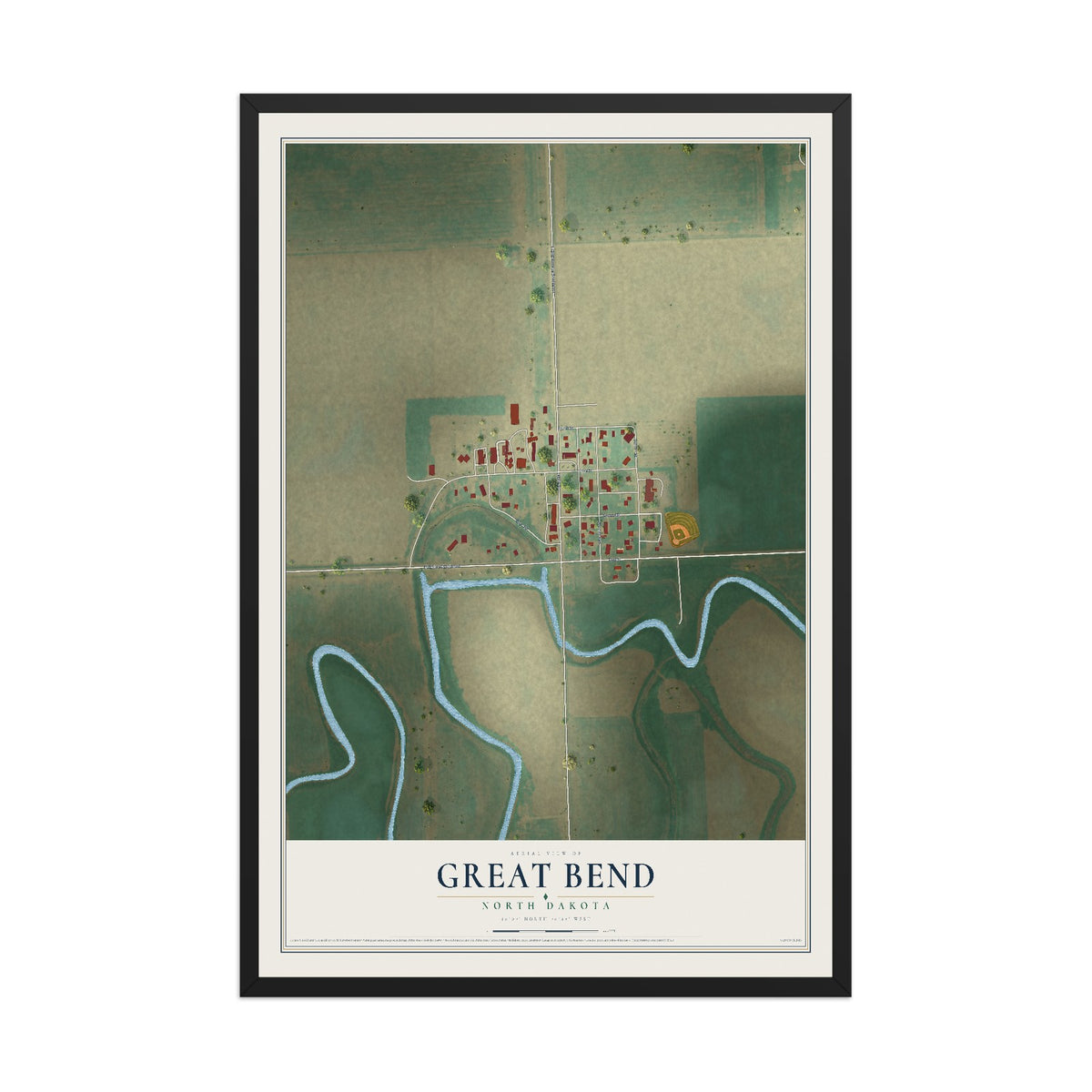 Map of Great Bend, North Dakota, 12 x 18 inch print in a black wood frame