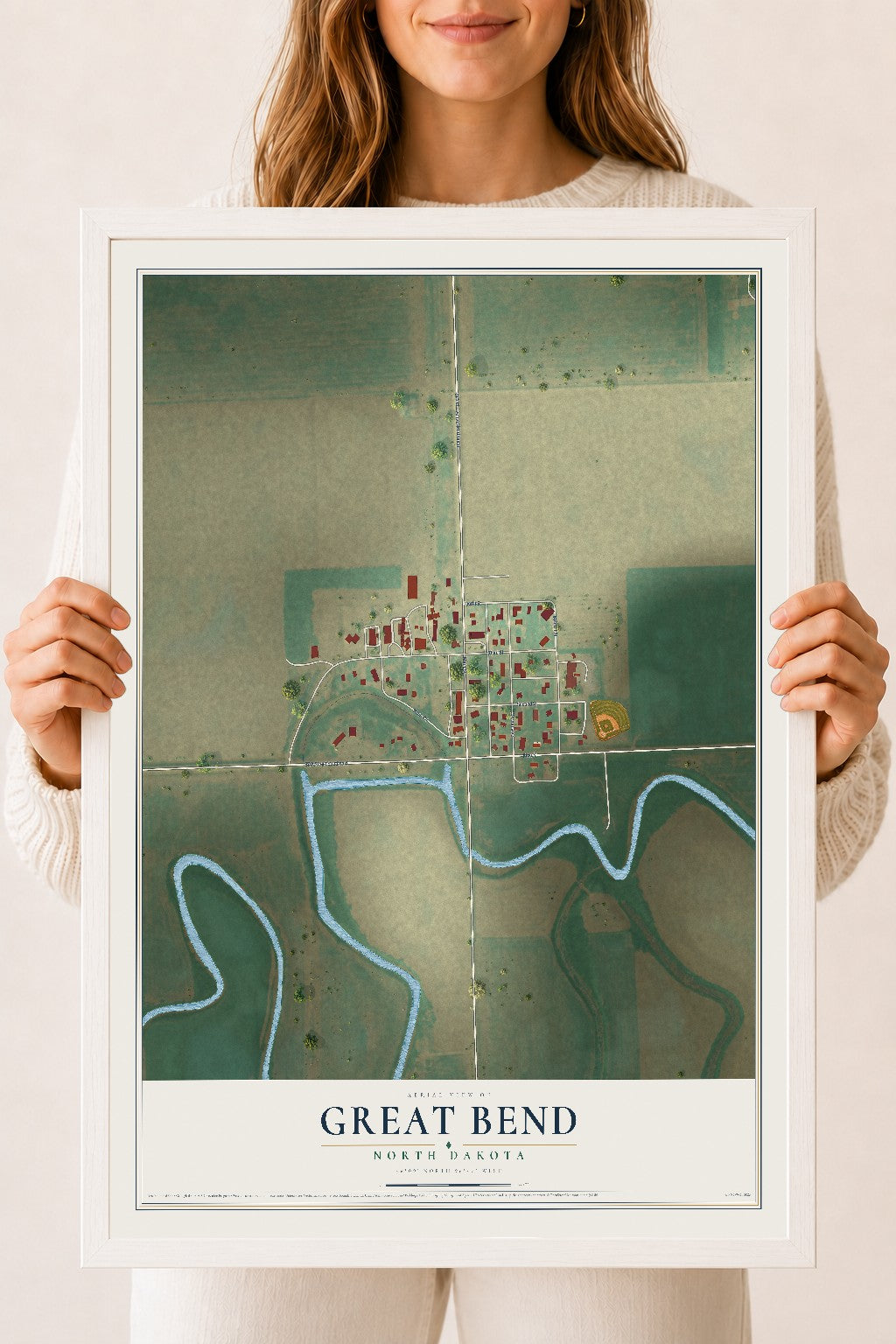 Map of Great Bend, North Dakota, 18 x 24 inch print in a white wood frame