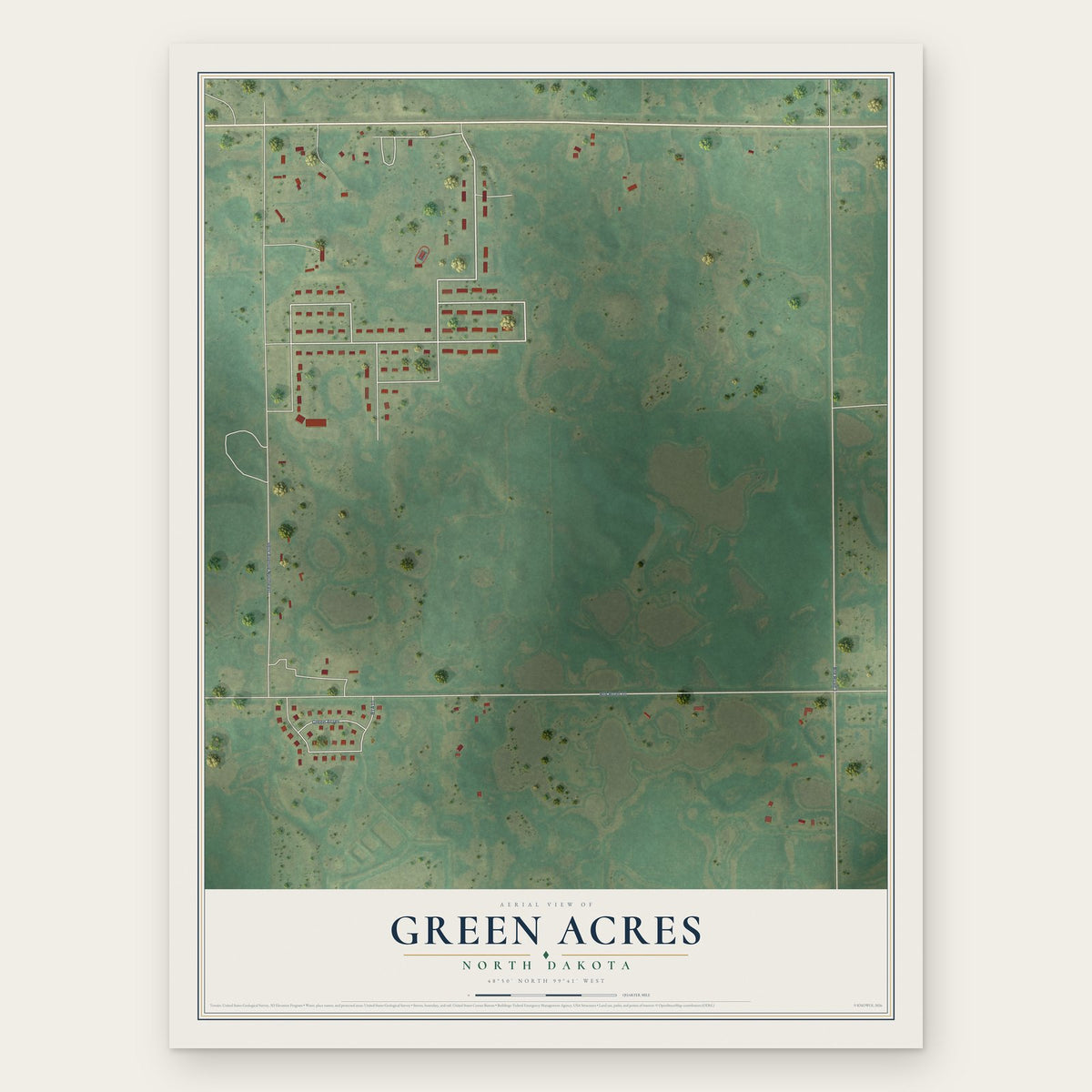 Green Acres, North Dakota map print, the full design