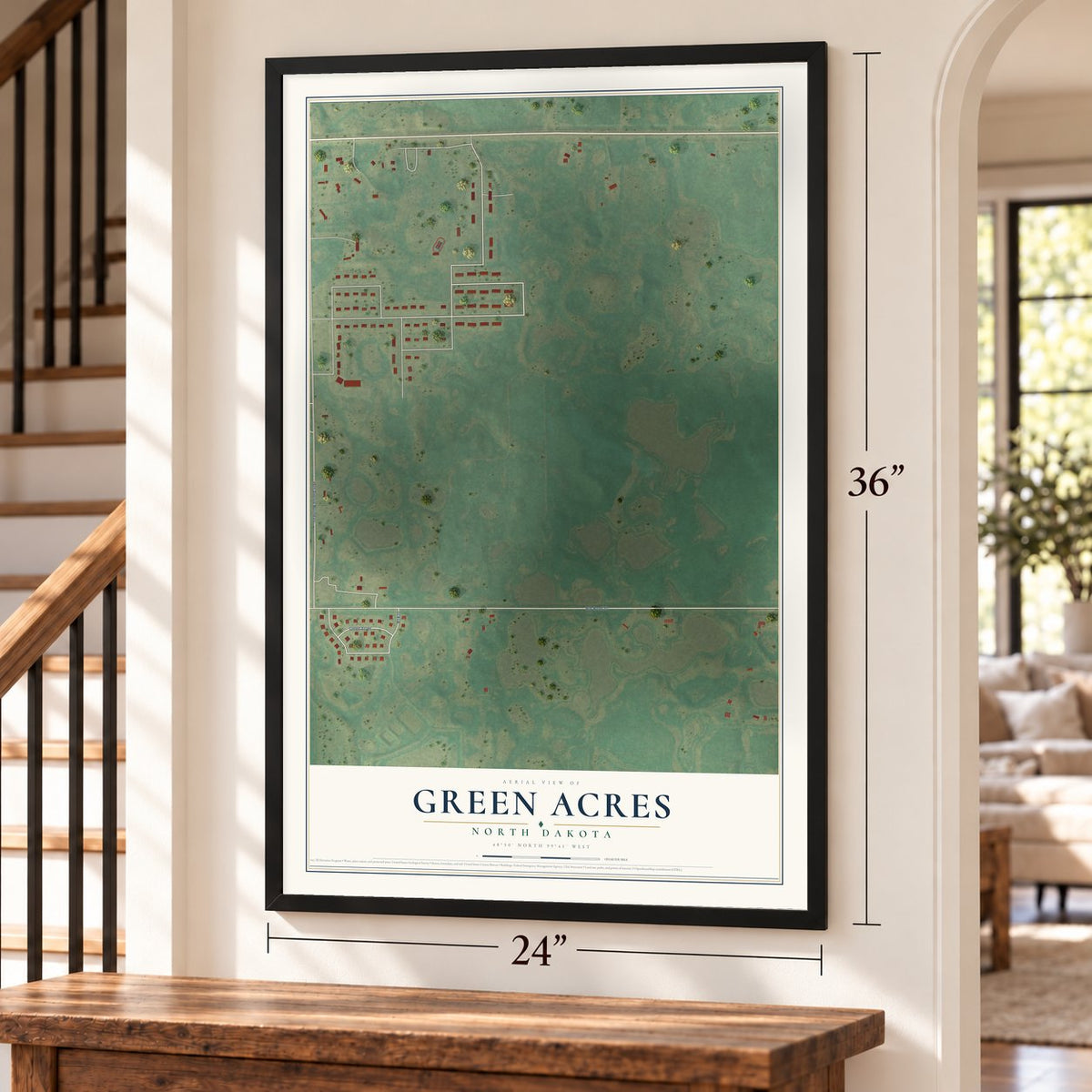 Green Acres, North Dakota map, 24 x 36 inch print in a black frame by a staircase