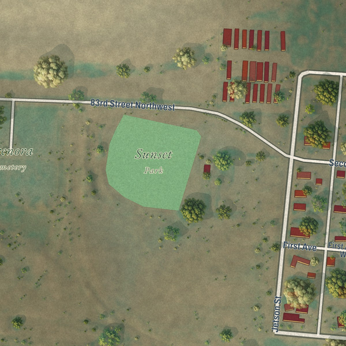 Second close-up of the map of Grenora, North Dakota print showing more streets and buildings