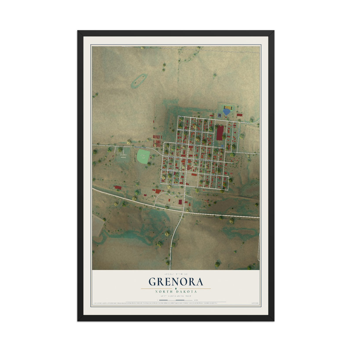 Map of Grenora, North Dakota, 12 x 18 inch print in a black wood frame