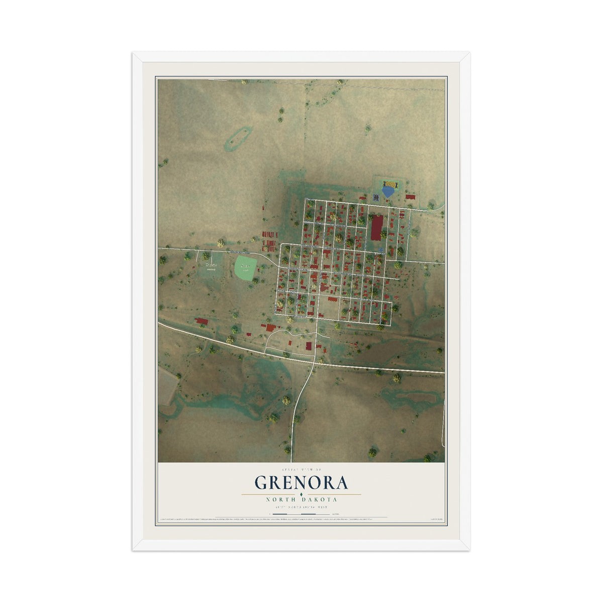 Map of Grenora, North Dakota, 12 x 18 inch print in a white wood frame