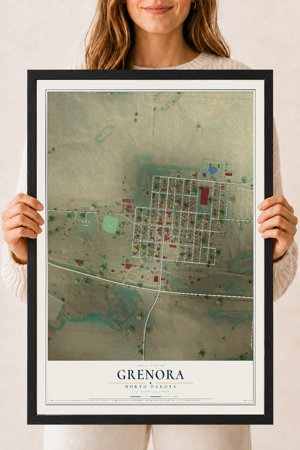 Map of Grenora, North Dakota, 18 x 24 inch print in a black wood frame
