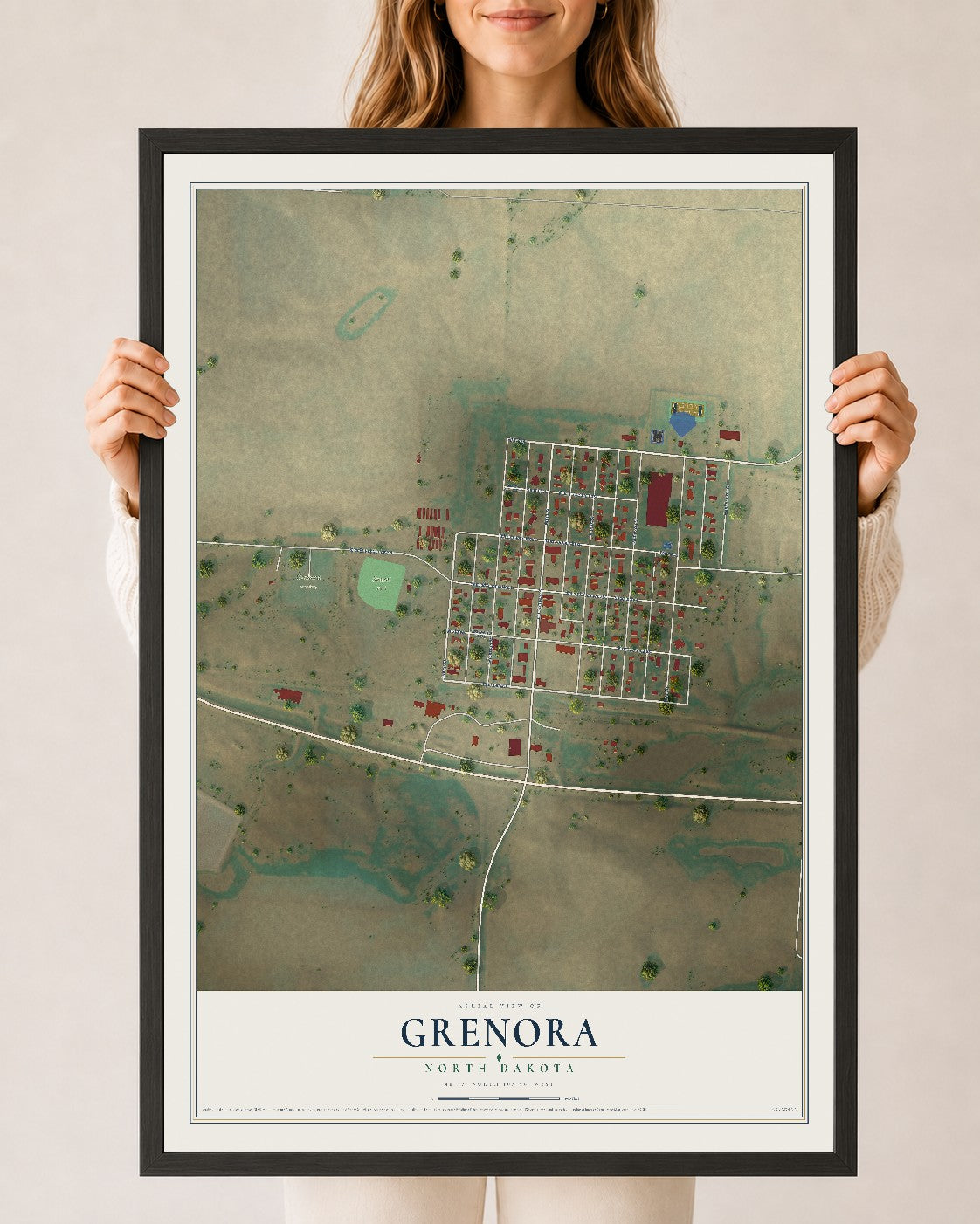 Map of Grenora, North Dakota, 24 x 36 inch print in a black wood frame