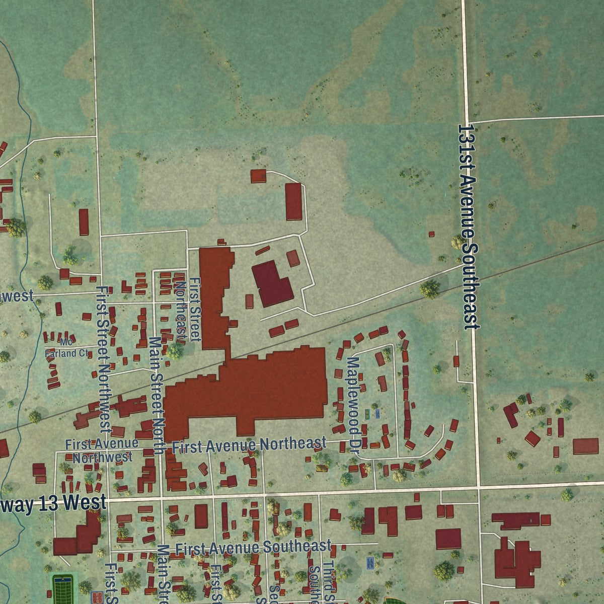 Close-up of the map of Gwinner, North Dakota print showing street and building detail