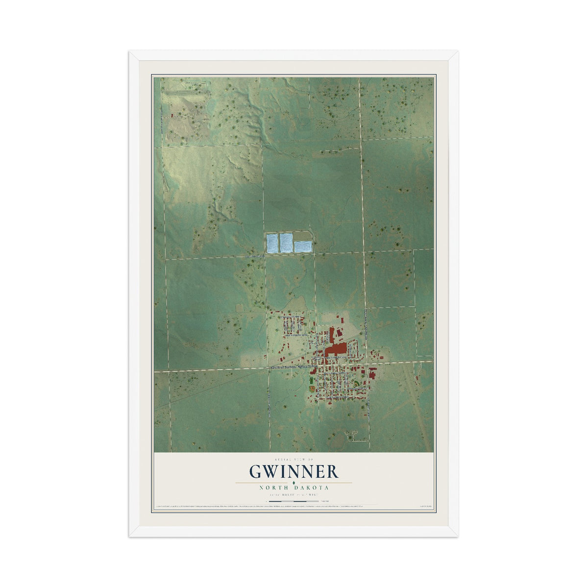 Map of Gwinner, North Dakota, 12 x 18 inch print in a white wood frame