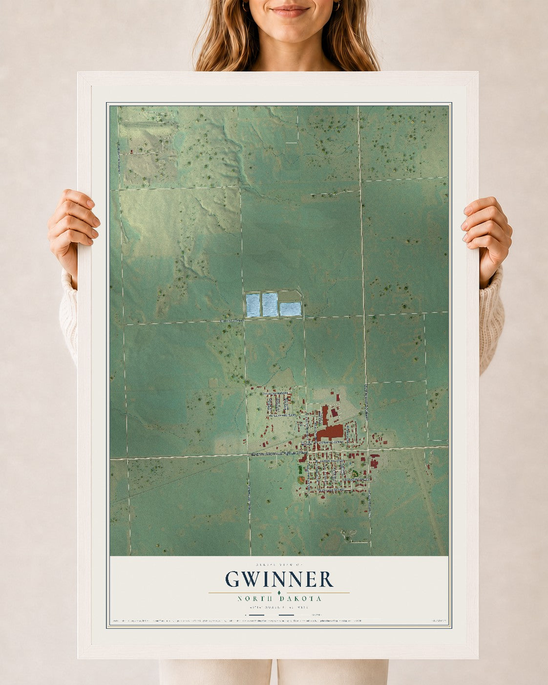 Map of Gwinner, North Dakota, 24 x 36 inch print in a white wood frame