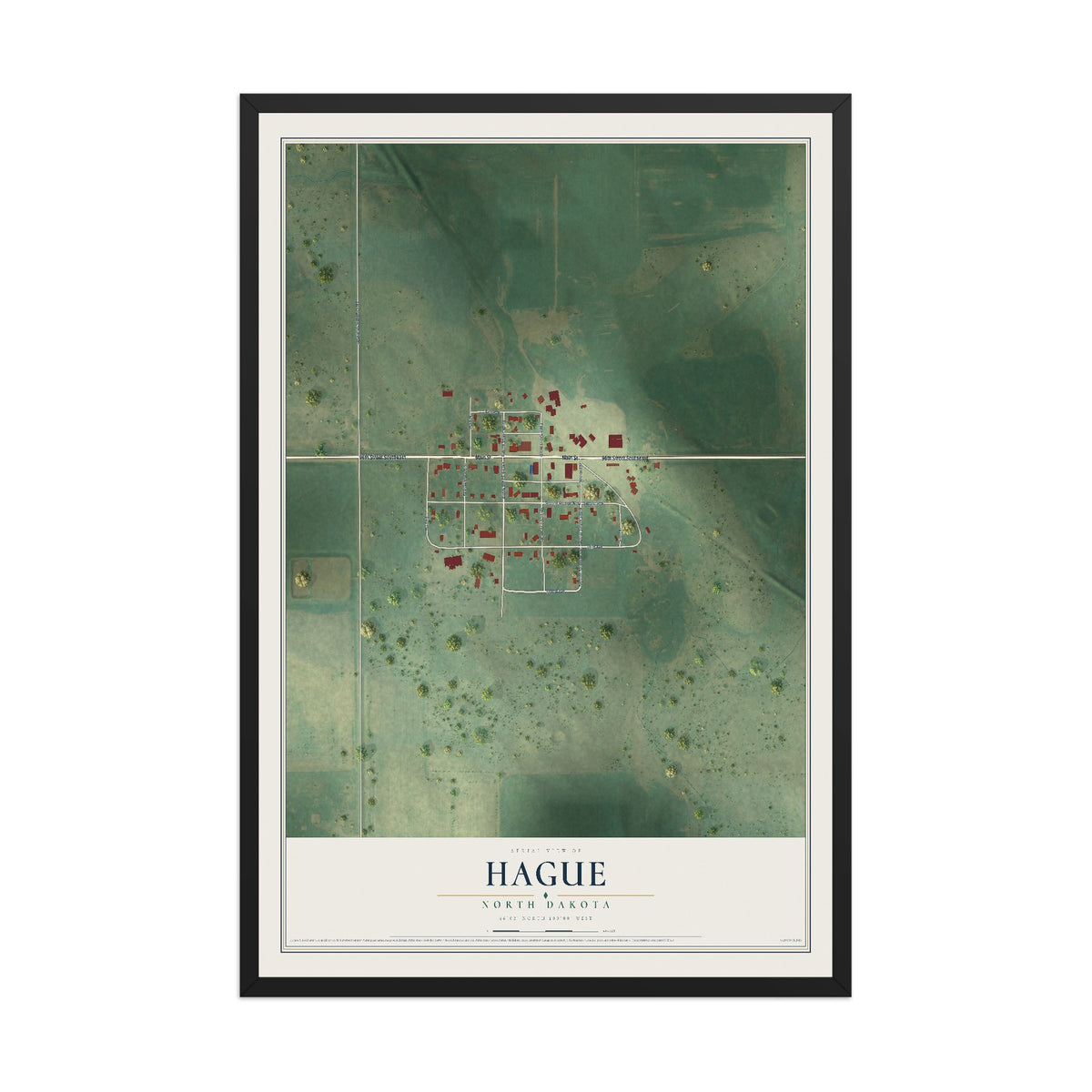 Map of Hague, North Dakota, 12 x 18 inch print in a black wood frame