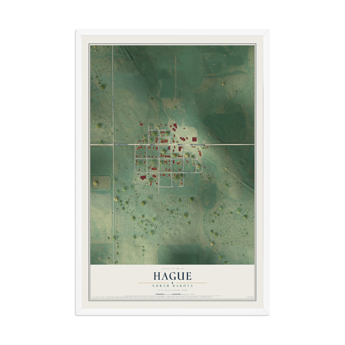 Map of Hague, North Dakota, 12 x 18 inch print in a white wood frame